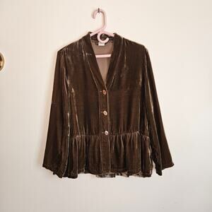 Poetry Silk Velvet Blouse, Sz 10, Cottagecore W/ Peplum, Khaki Brown